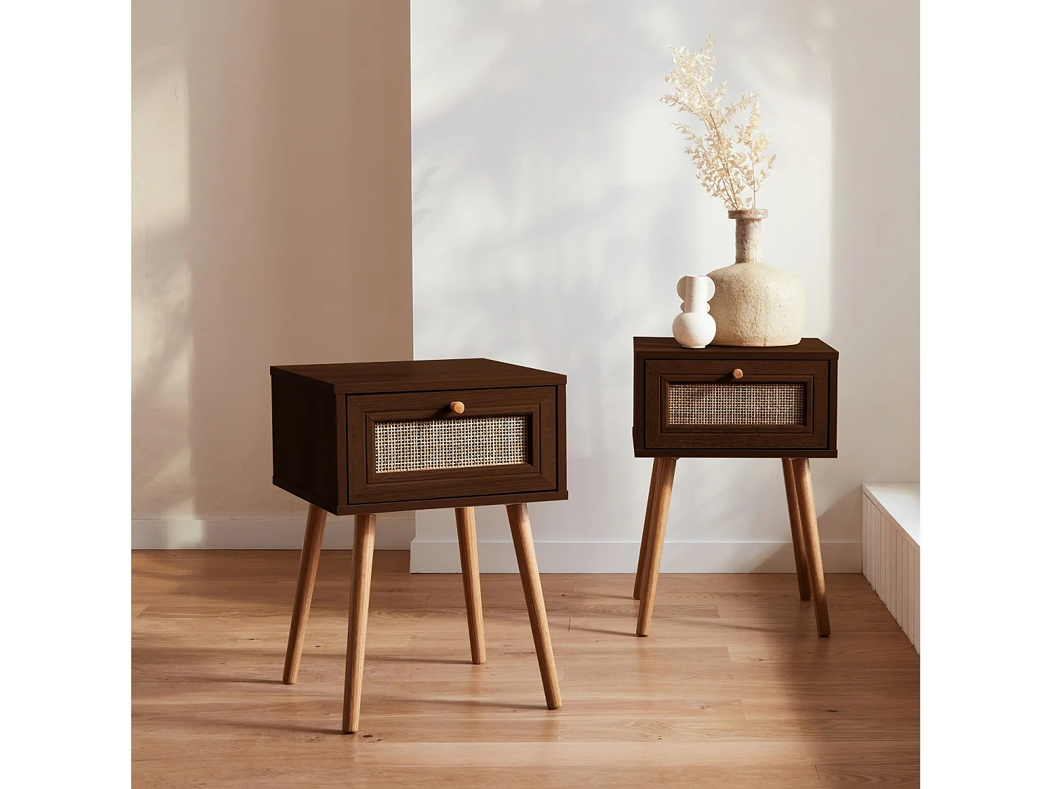 Mesita de noche de 1 cajón con efecto madera y caña, set de 2 madera