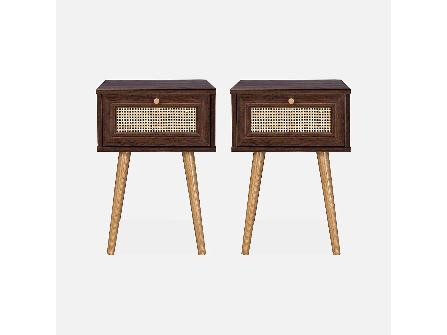 Mesita de noche de 1 cajón con efecto madera y caña, set de 2 madera
