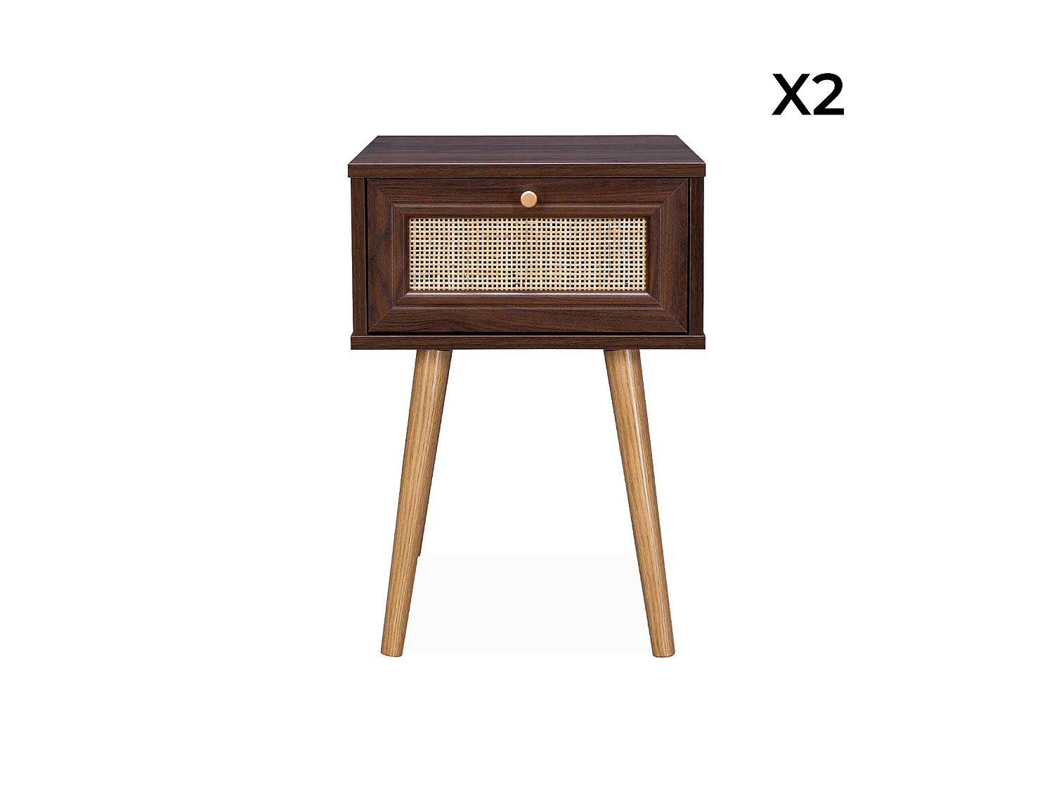 Lot de 2 tables de chevet décor bois foncé et cannage avec 1 tiroir