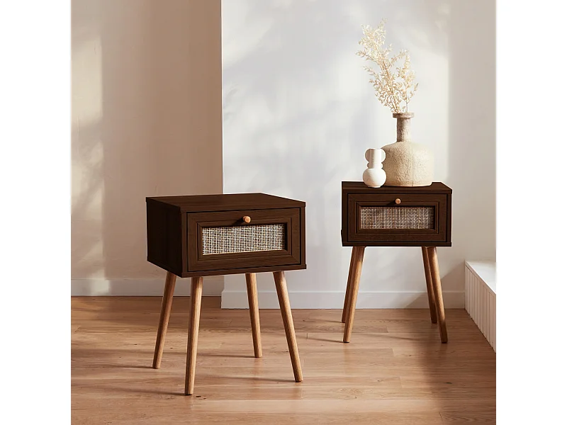 Mesita de noche de 1 cajón con efecto madera y caña, set de 2 madera