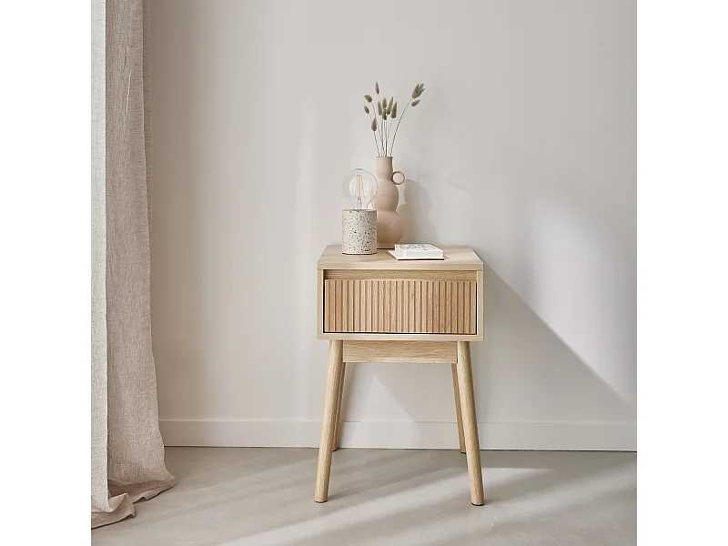 Mesita de noche con efecto madera, 1 cajón natural