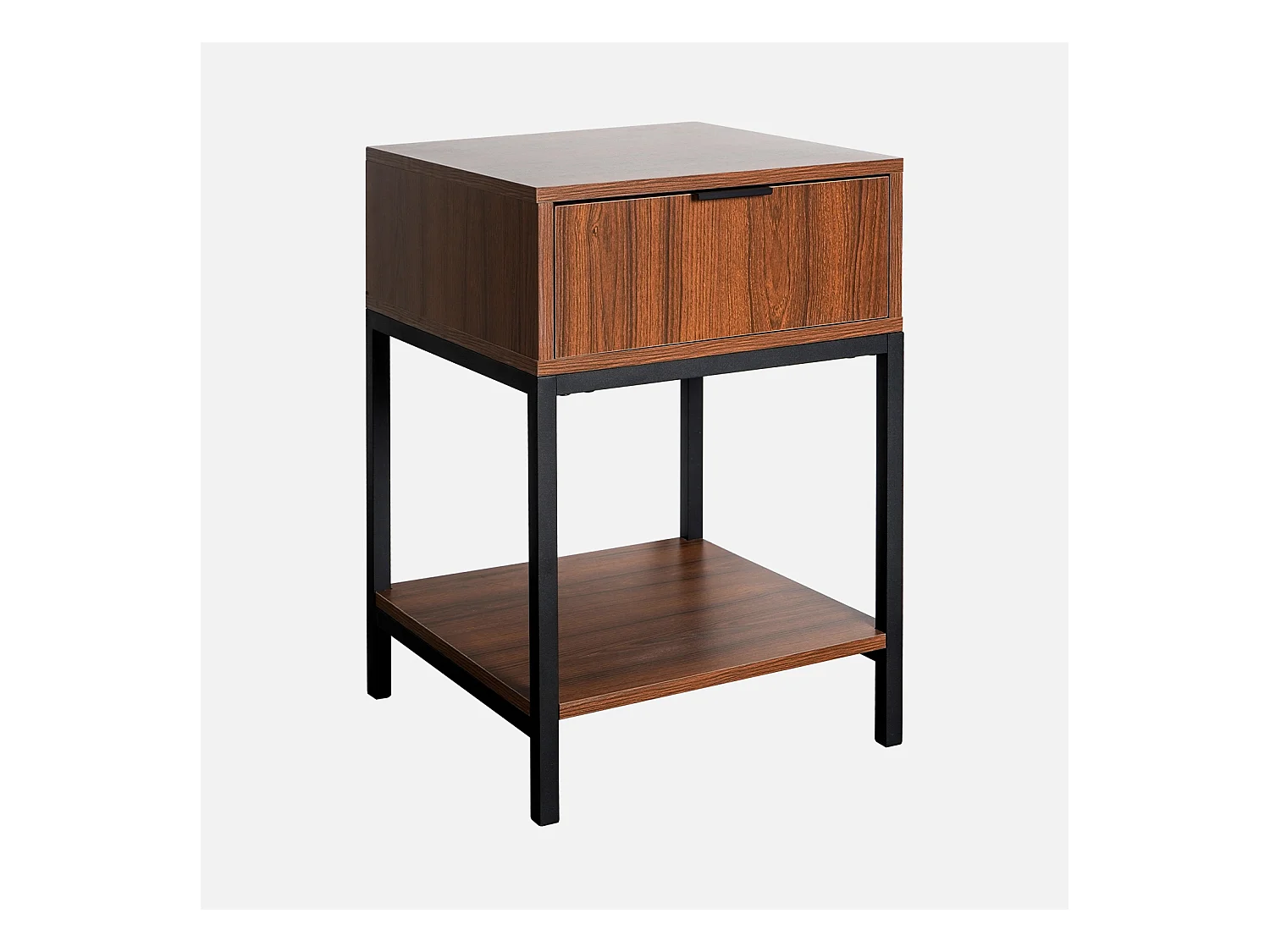 Table de chevet coloris noyer avec pieds et poignée en métal noir - 1 tiroir et 1 étagère