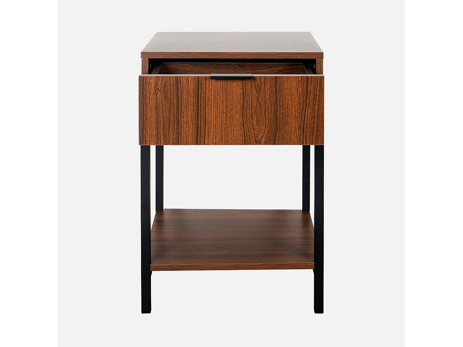 Table de chevet coloris noyer avec pieds et poignée en métal noir - 1 tiroir et 1 étagère