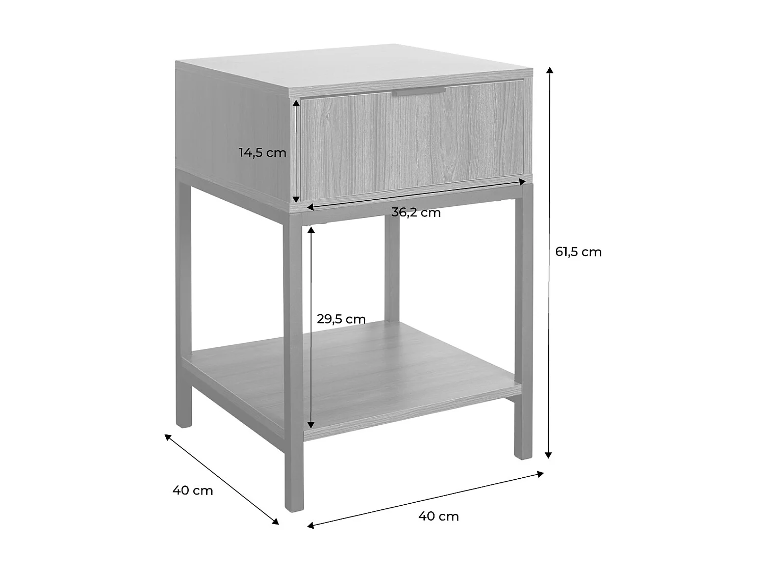 Table de chevet coloris noyer avec pieds et poignée en métal noir - 1 tiroir et 1 étagère