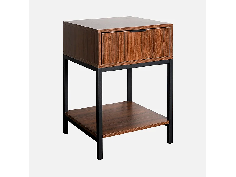 Table de chevet coloris noyer avec pieds et poignée en métal noir - 1 tiroir et 1 étagère