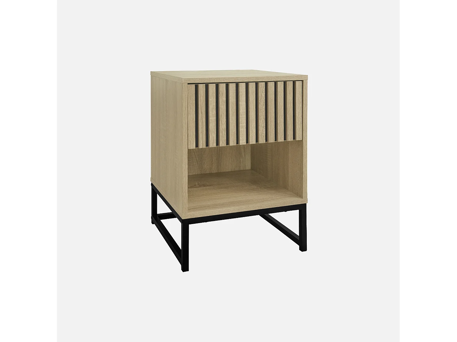 Table de chevet style contemporain avec 1 tiroir effet bois rainuré (système d'ouverture par pression) et 1 niche. piètement en métal noir