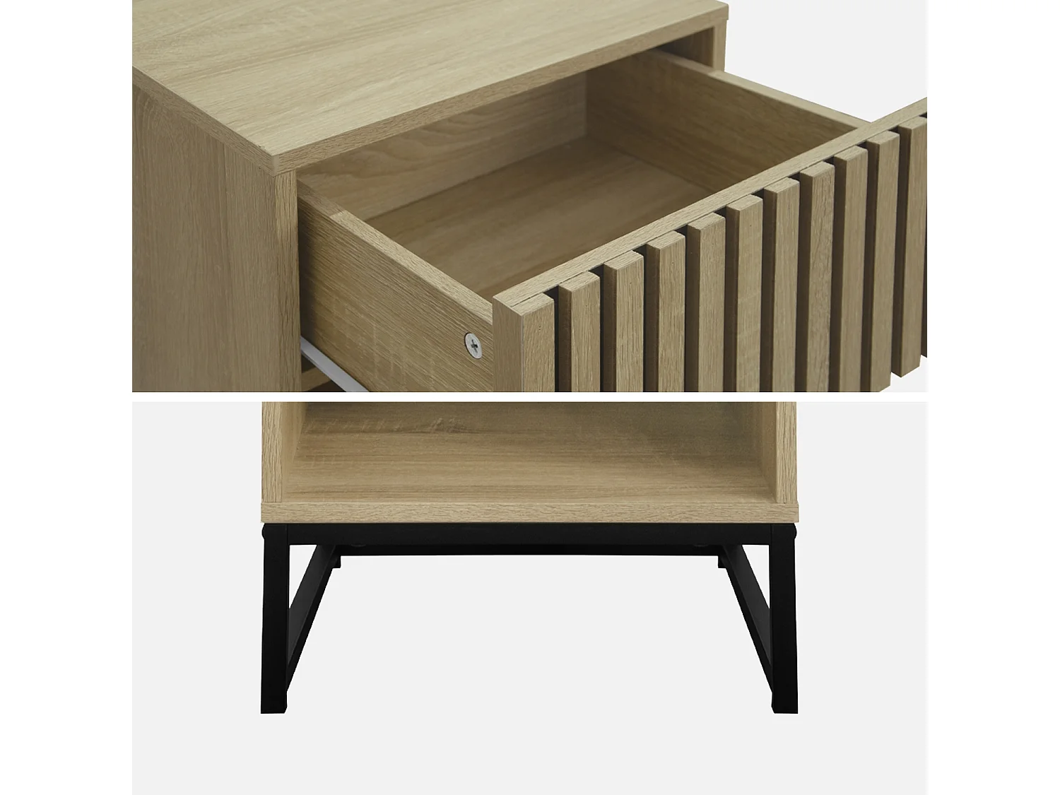 Table de chevet style contemporain avec 1 tiroir effet bois rainuré (système d'ouverture par pression) et 1 niche. piètement en métal noir