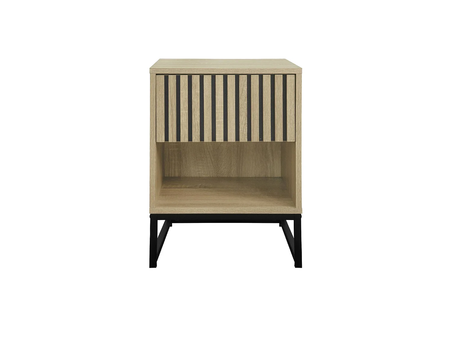 Table de chevet style contemporain avec 1 tiroir effet bois rainuré (système d'ouverture par pression) et 1 niche. piètement en métal noir