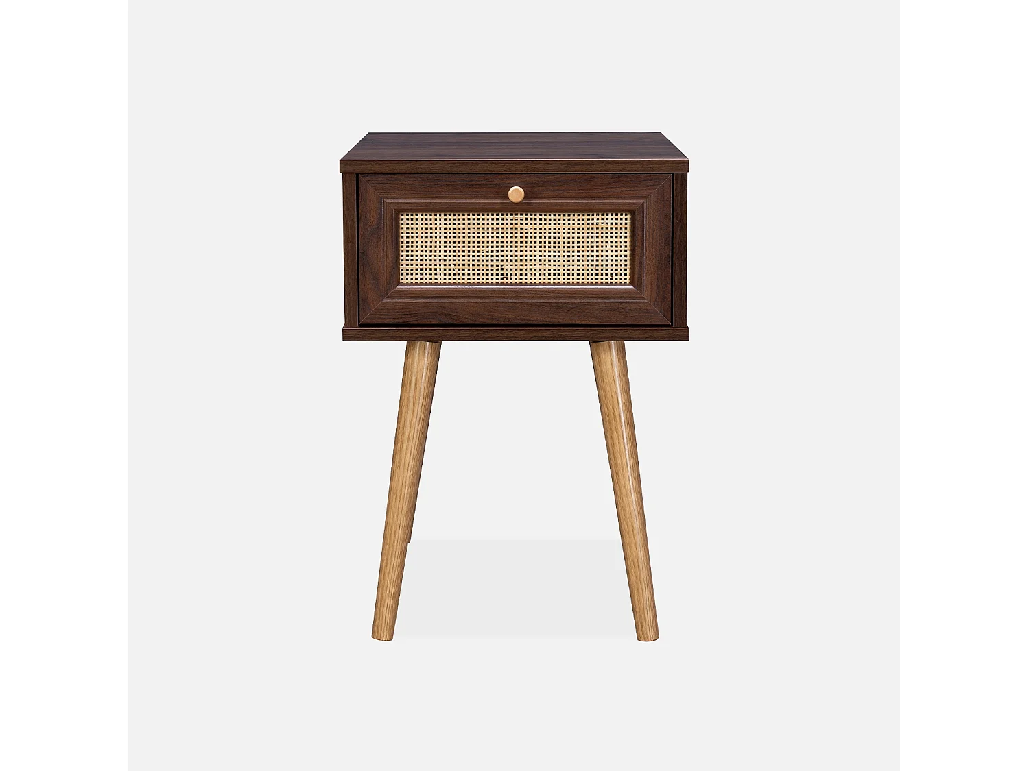 Table de chevet décor bois & cannage avec 1 tiroir - coloris bois foncé - Bohème