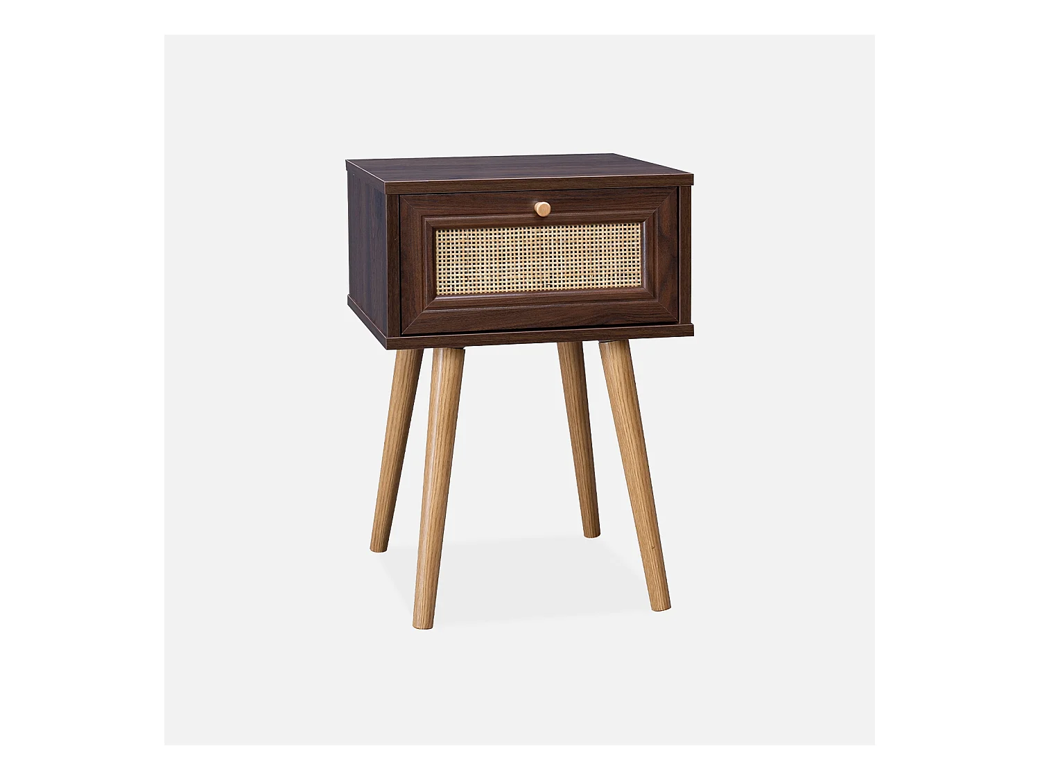 Table de chevet effet bois & cannage avec 1 tiroir - coloris bois foncé - Bohème