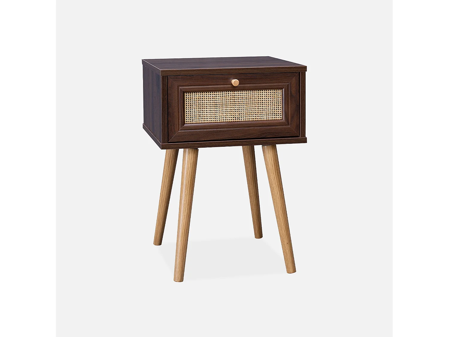 Comodino effetto legno e intrecciatura cannage, 1 cassetto, marrone