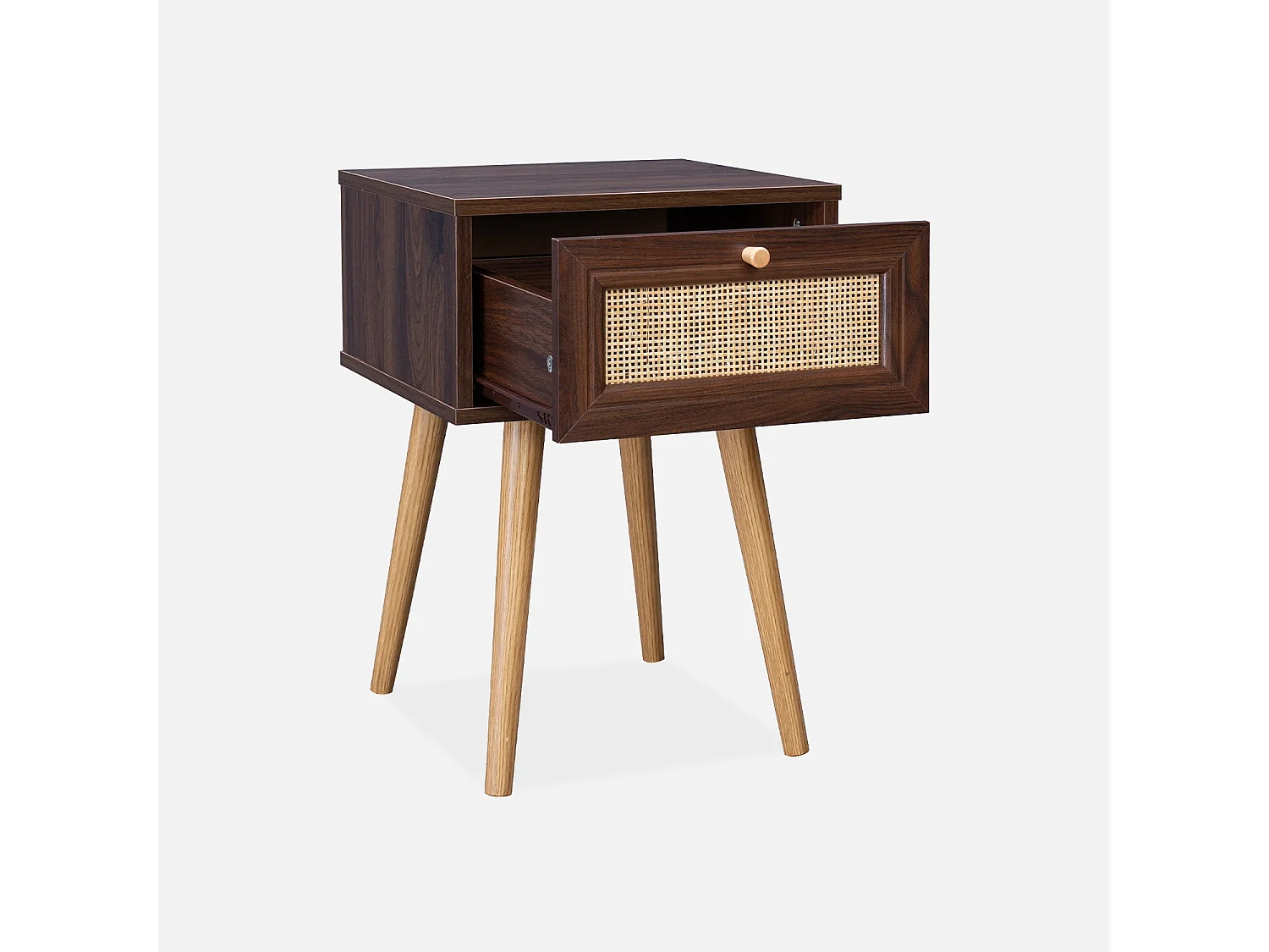 Comodino effetto legno e intrecciatura cannage, 1 cassetto, marrone