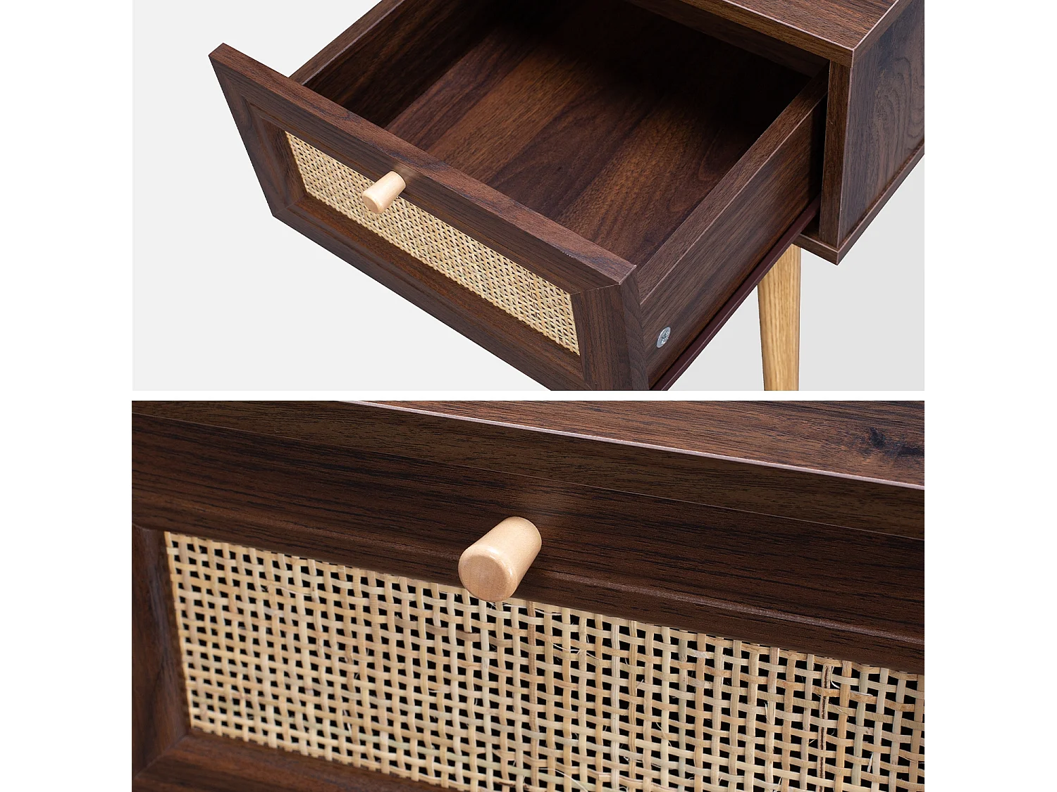 Comodino effetto legno e intrecciatura cannage, 1 cassetto, marrone