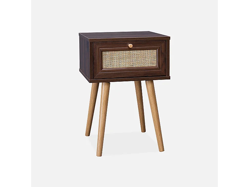 Table de chevet décor bois & cannage avec 1 tiroir - coloris bois foncé - Bohème