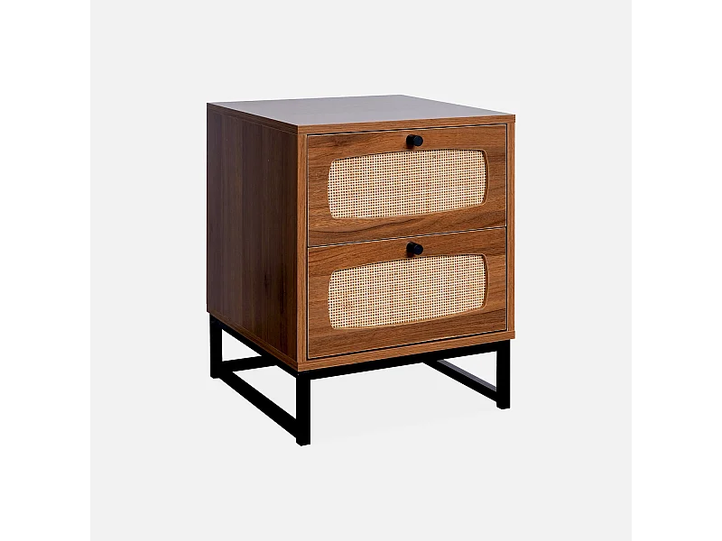 Table de chevet en décor bois et cannage avec pieds et poignées en métal noir