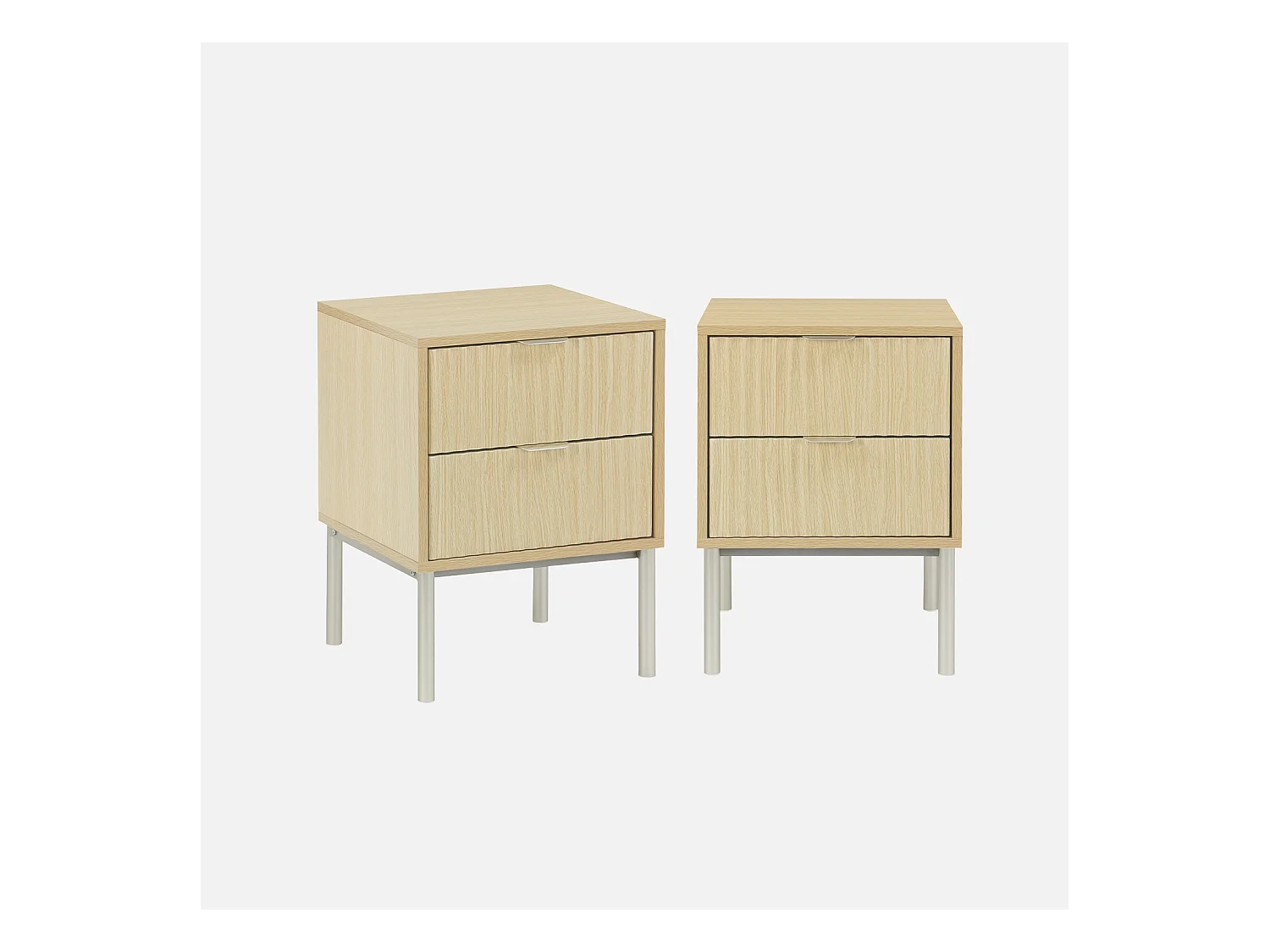 Lot de 2 tables de chevet effet bois rainuré et métal. pieds métal champagne. 2 tiroirs