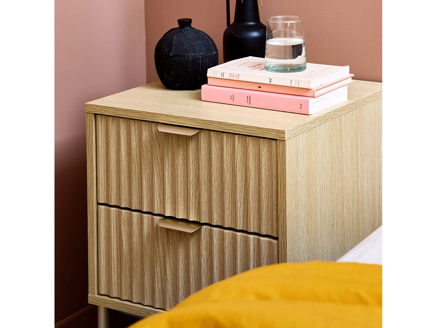 Mesita de noche efecto madera y metal, set de 2 natural