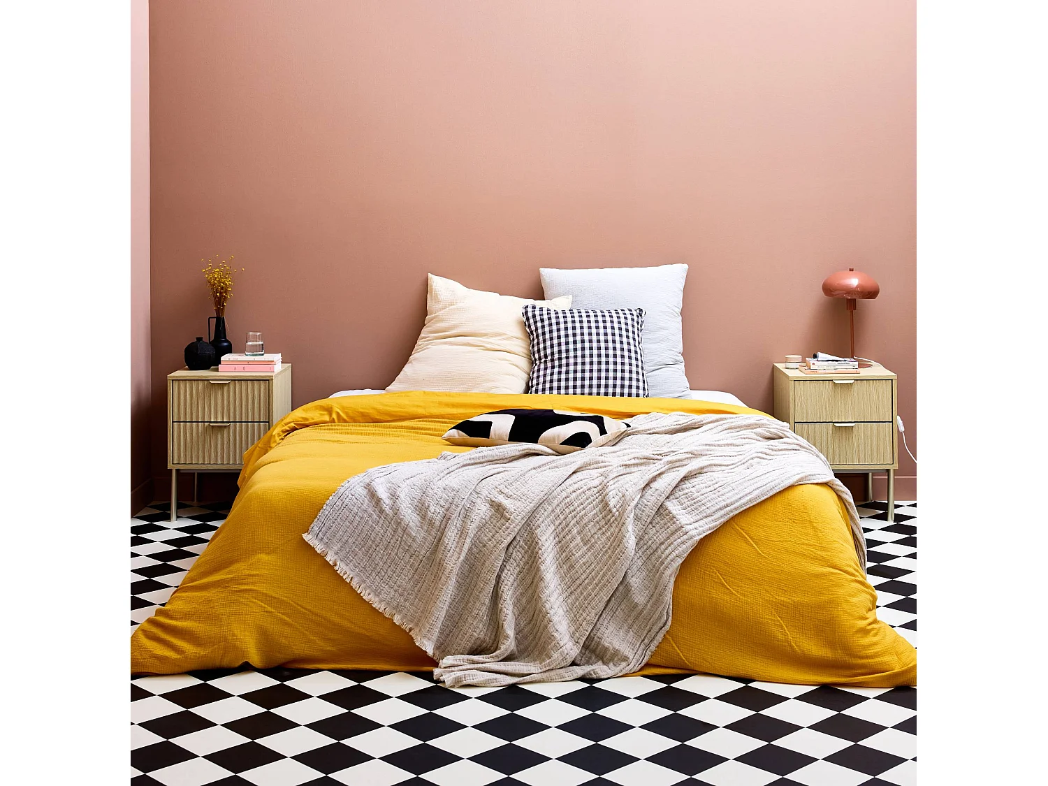 Mesita de noche efecto madera y metal, set de 2 natural