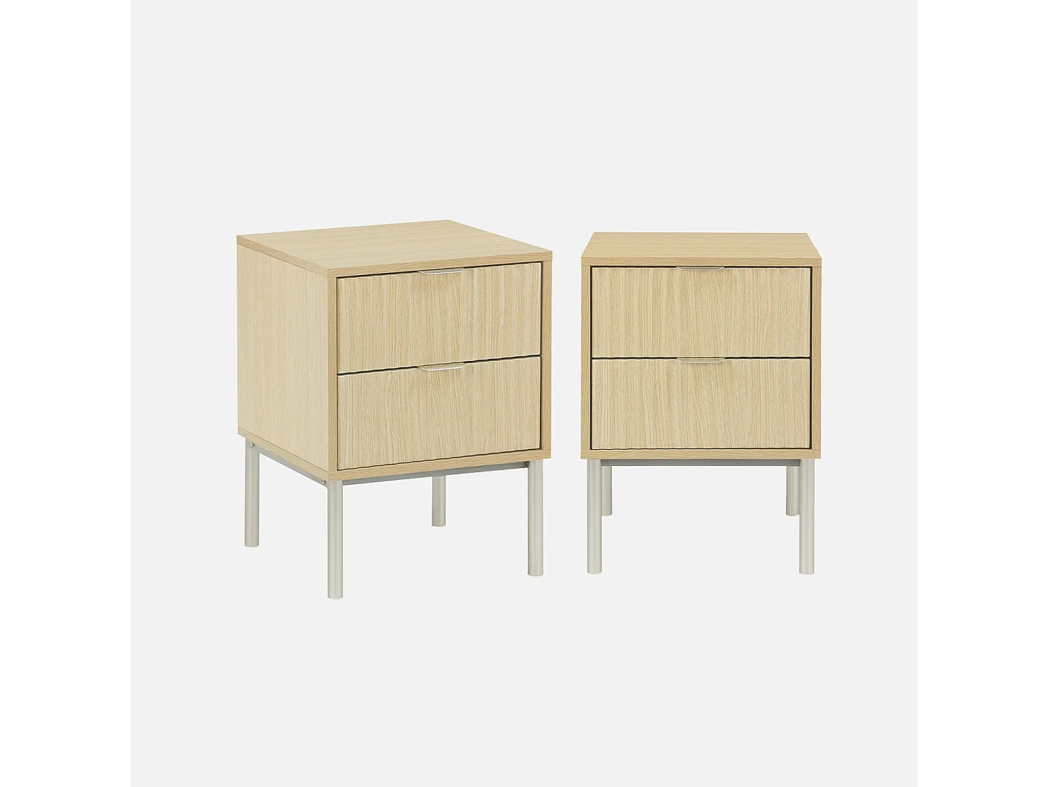 Lot de 2 tables de chevet effet bois rainuré et métal. pieds métal champagne. 2 tiroirs