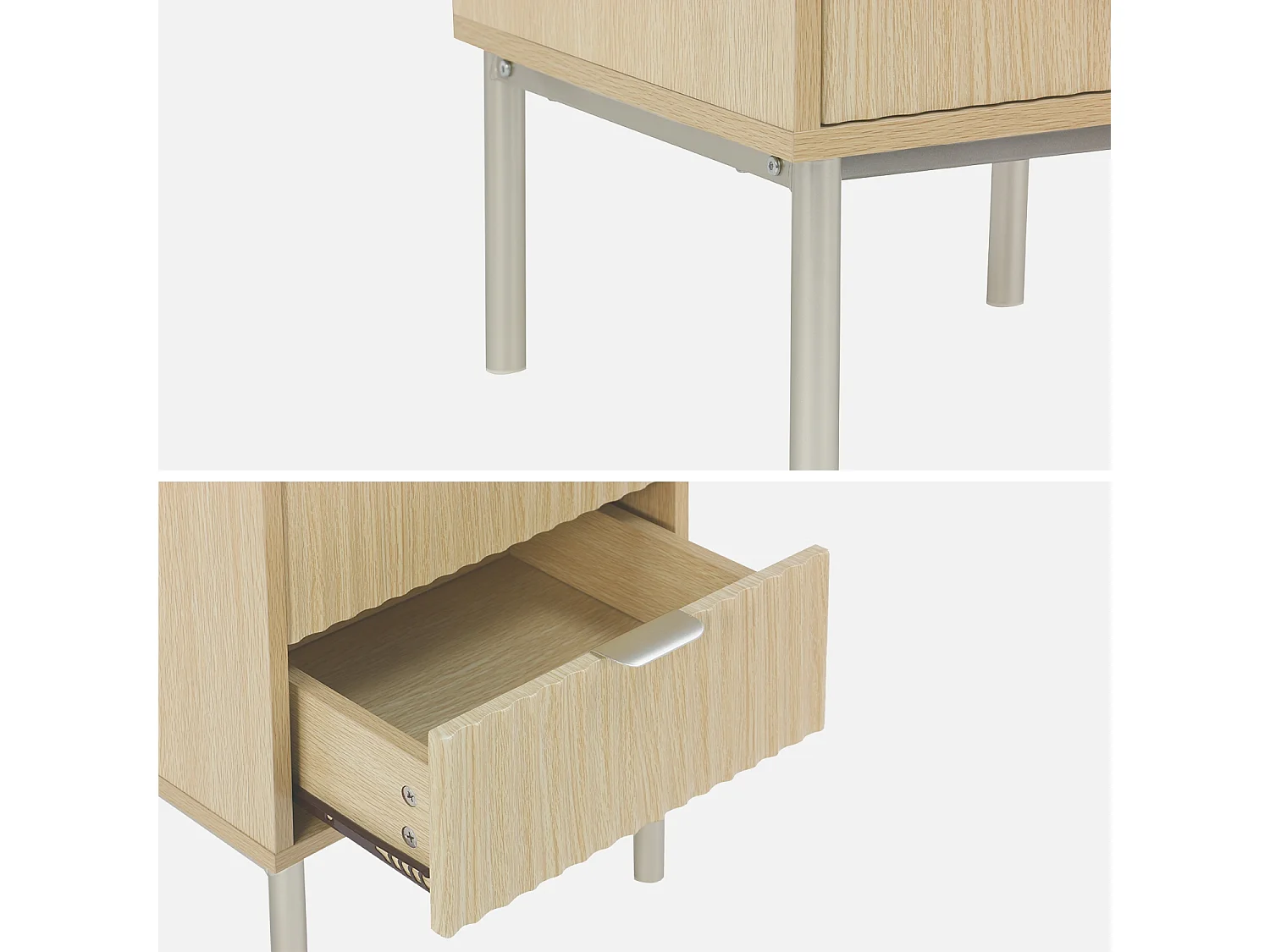 Lot de 2 tables de chevet effet bois rainuré et métal. pieds métal champagne. 2 tiroirs