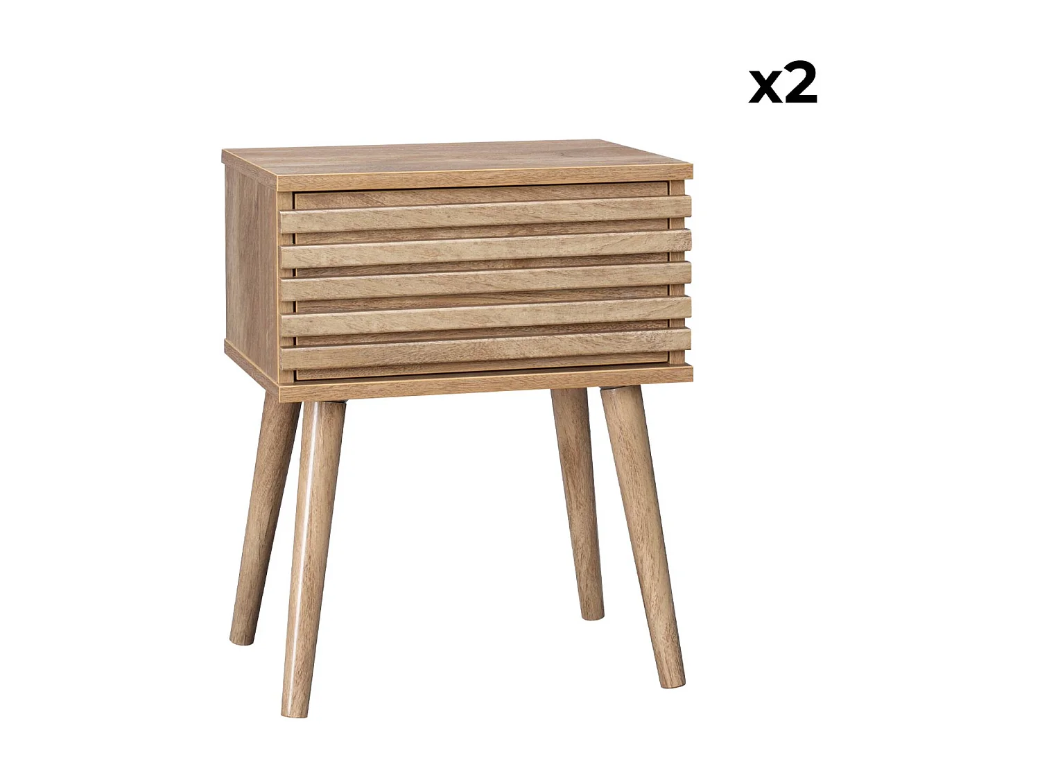Set 2 comodini scandinavi con decoro in legno scanalato, marrone
