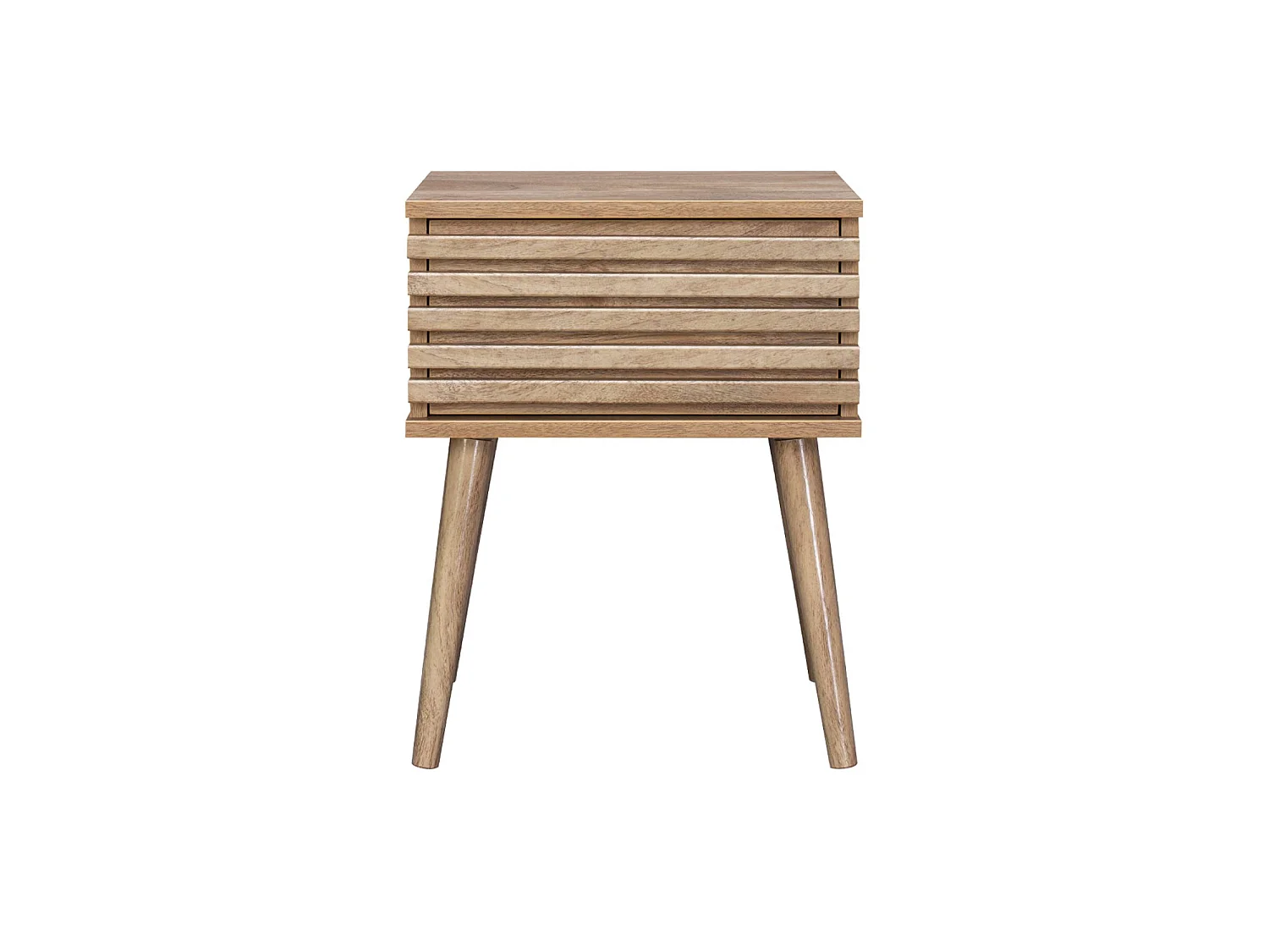 Lot de deux tables de chevet style scandinave décor bois avec tiroir rainuré et pieds compas