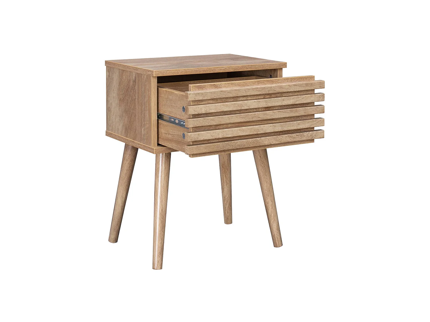 Lot de deux tables de chevet style scandinave décor bois avec tiroir rainuré et pieds compas