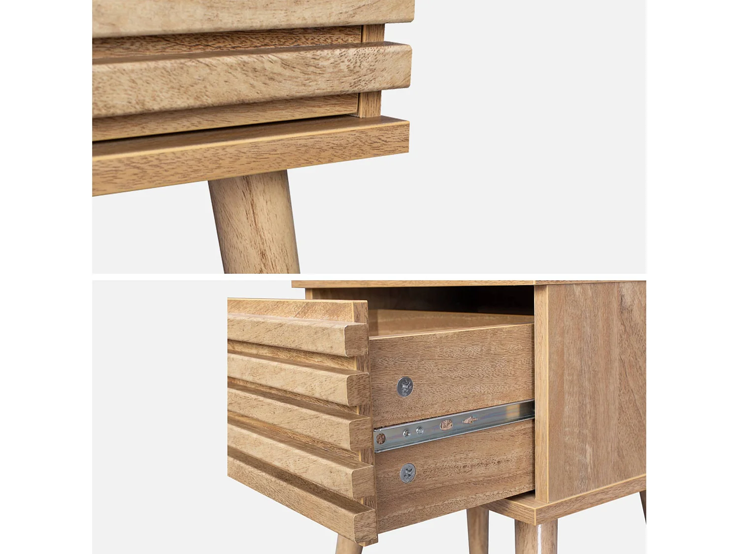 Lot de deux tables de chevet style scandinave décor bois avec tiroir rainuré et pieds compas