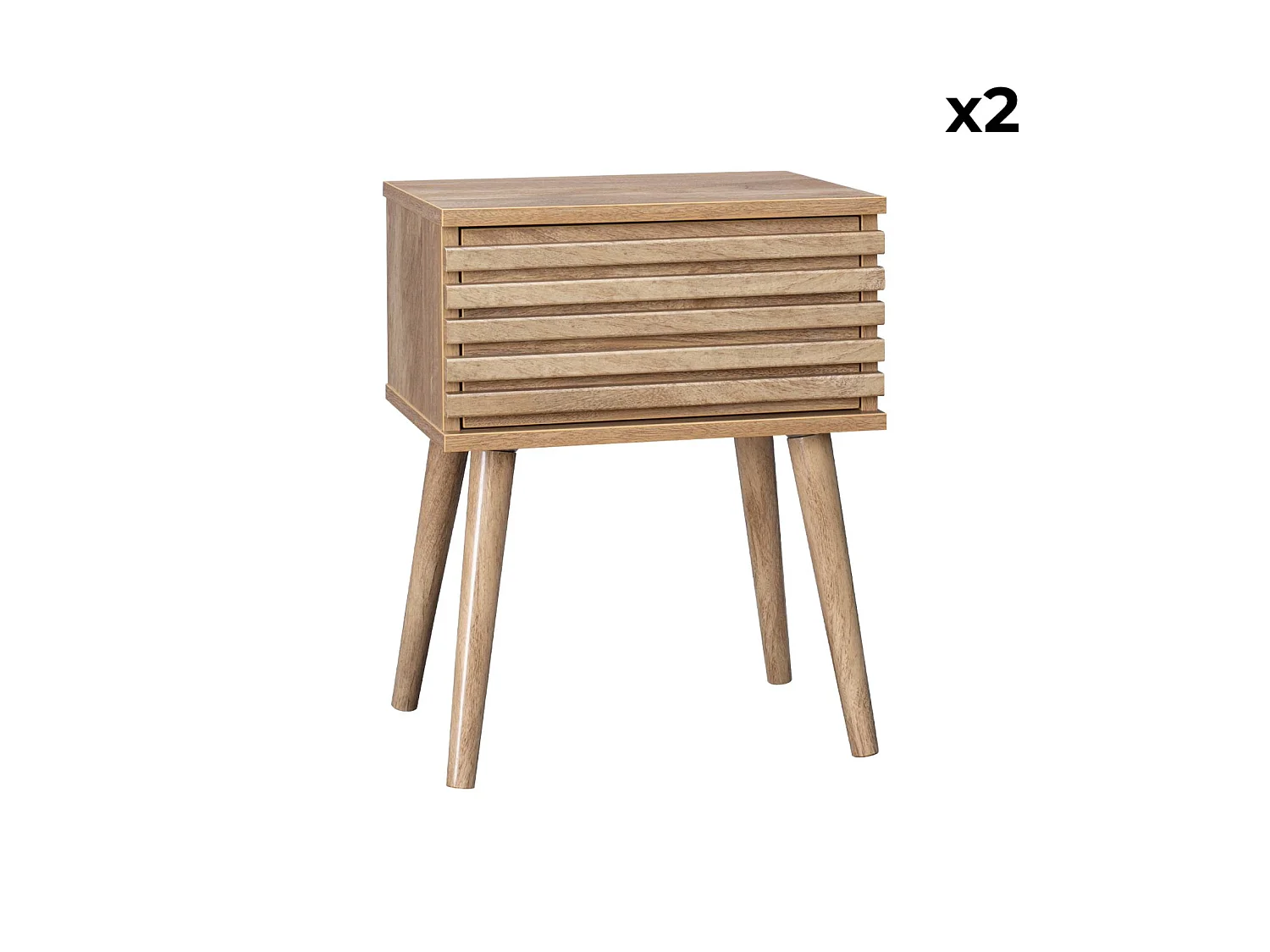 Lot de deux tables de chevet style scandinave décor bois avec tiroir rainuré et pieds compas