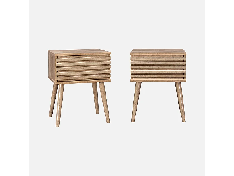 Lot de deux tables de chevet style scandinave décor bois avec tiroir rainuré et pieds compas