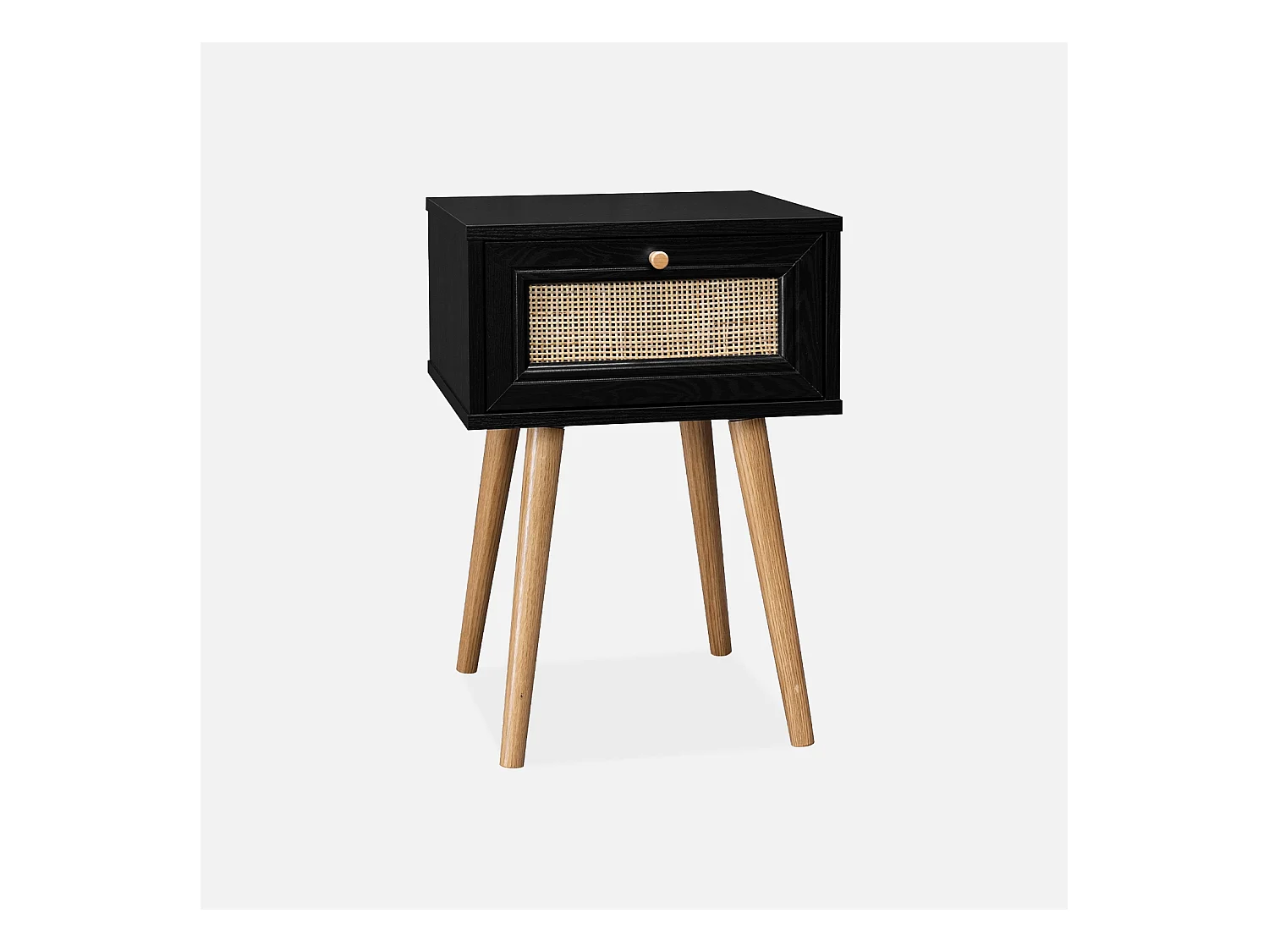 Table de chevet effet bois & cannage avec 1 tiroir - coloris noir - Bohème