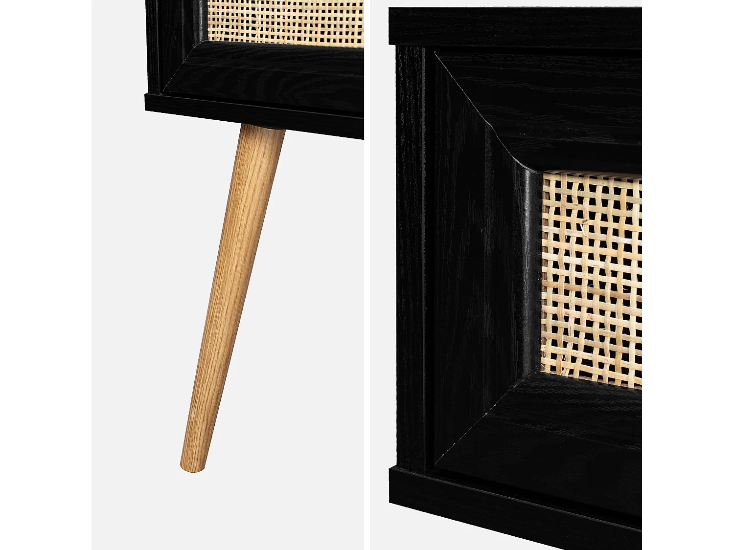 Comodino effetto legno e intrecciatura cannage, 1 cassetto, nero