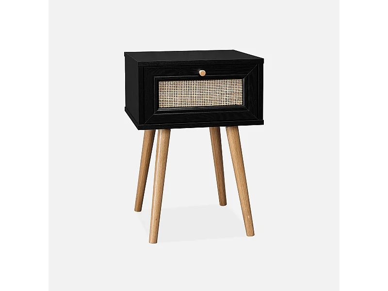 Comodino effetto legno e intrecciatura cannage, 1 cassetto, nero