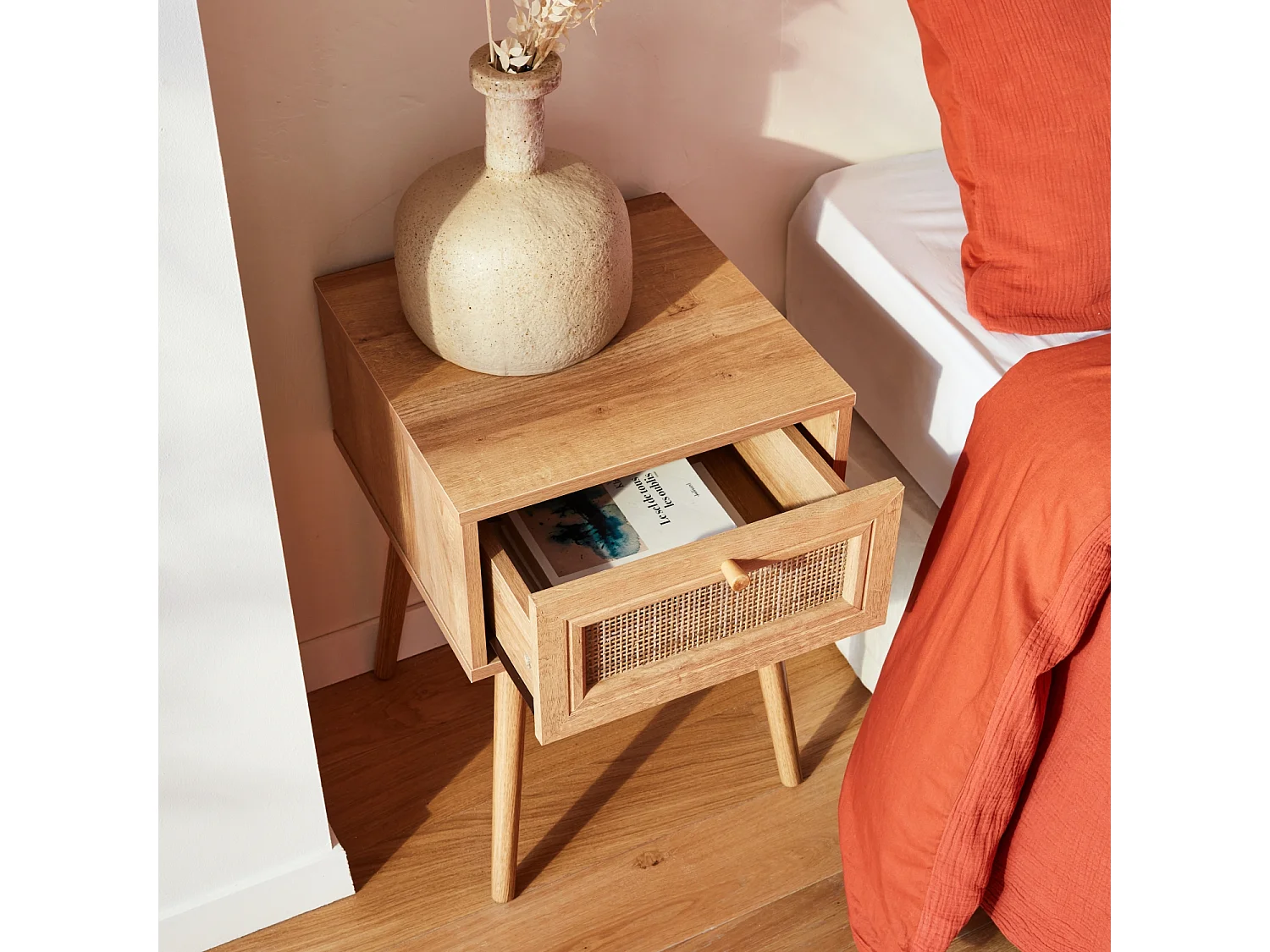 Table de chevet décor bois & cannage avec 1 tiroir - Bohème