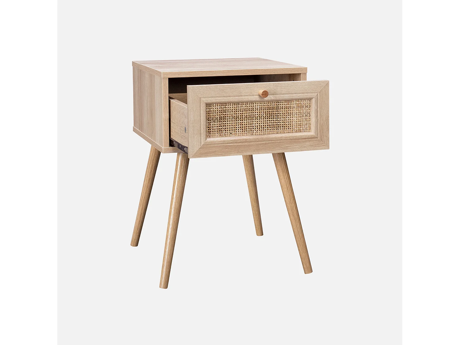 Comodino effetto legno e intrecciatura cannage, 1 cassetto, marrone