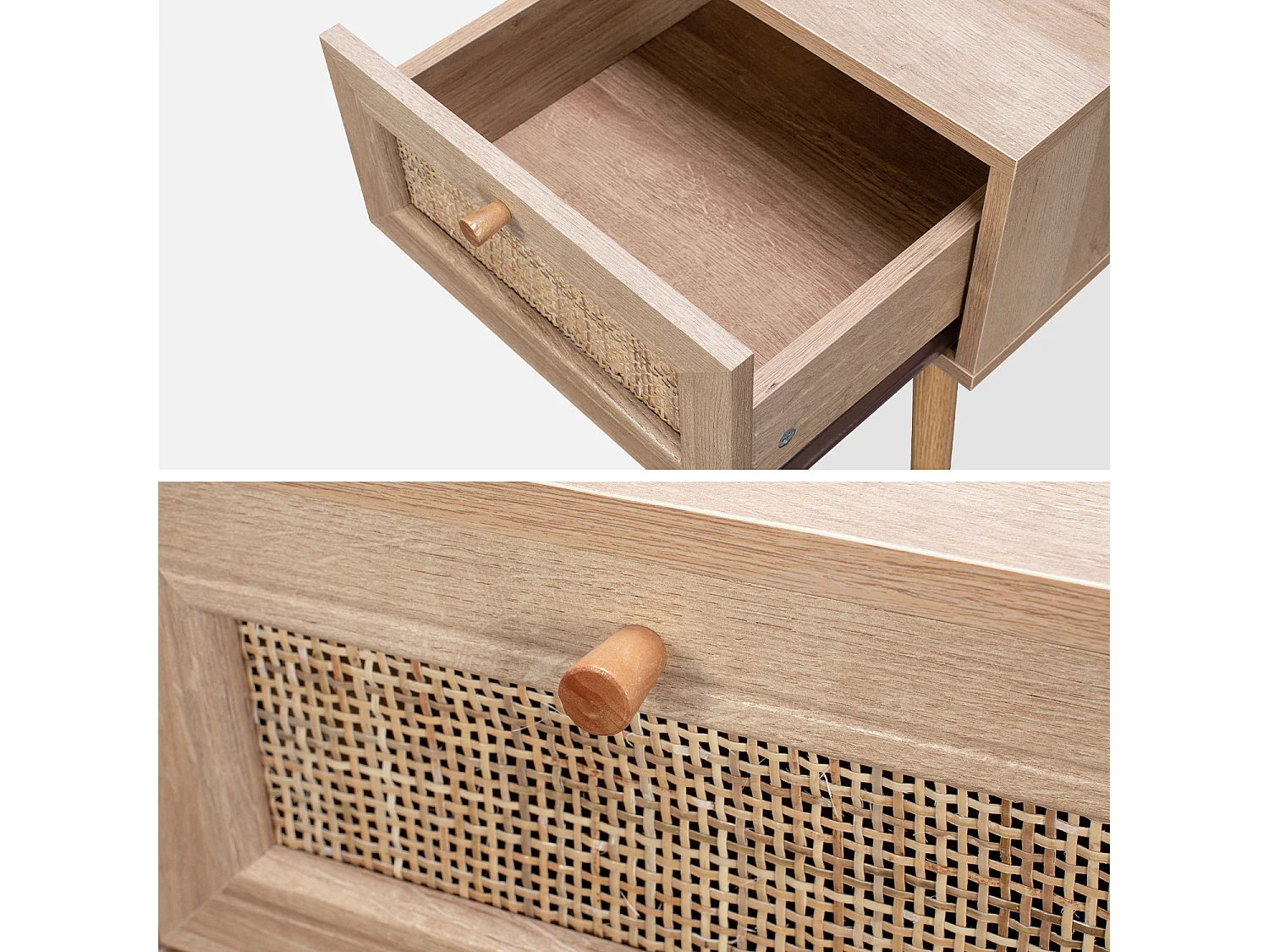 Comodino effetto legno e intrecciatura cannage, 1 cassetto, marrone