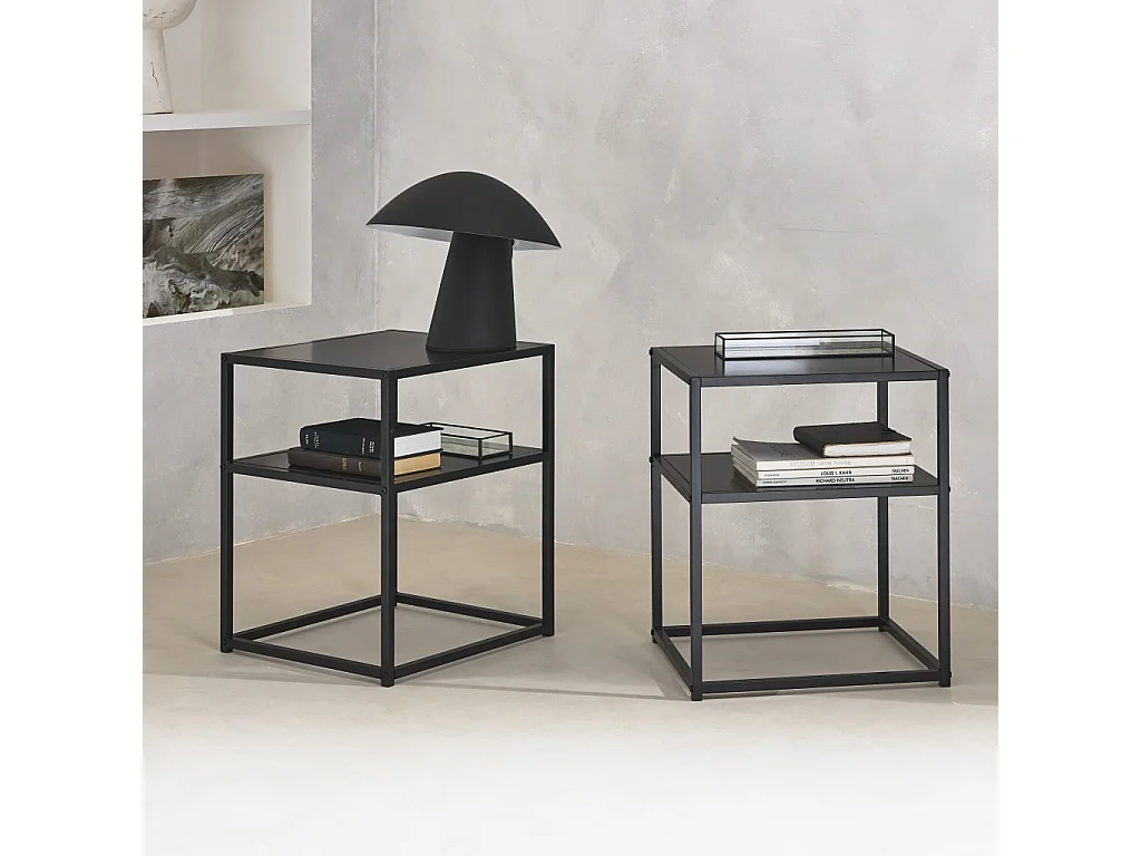 Lot de 2 Tables de chevet en métal noir. 1 étagère. INDUSTRIELLE L 43 x l 40 x H 52cm