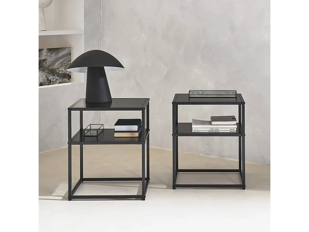 Lot de 2 Tables de chevet en métal noir. 1 étagère. INDUSTRIELLE L 43 x l 40 x H 52cm
