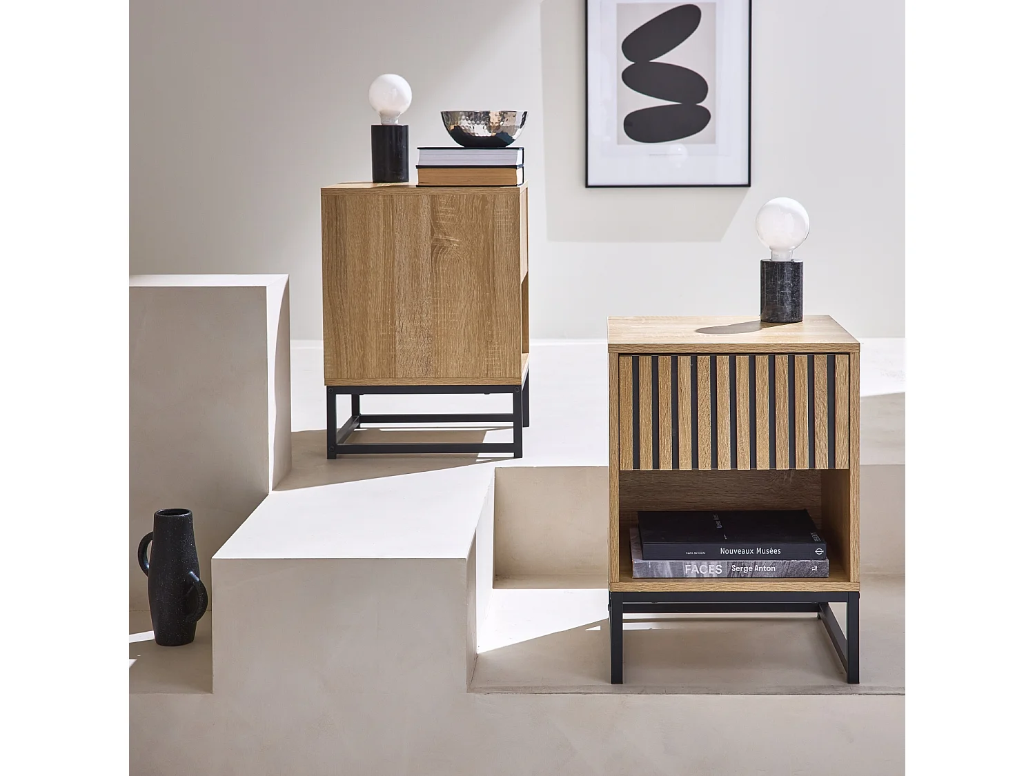 Mesitas de noche contemporáneas con 1 cajón, set de 2  natural