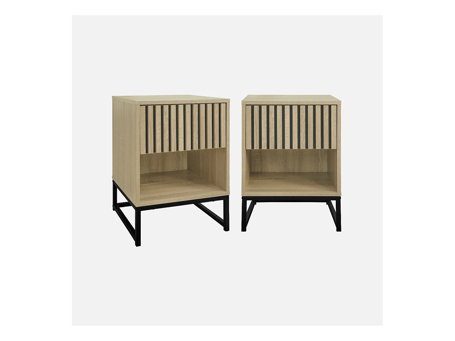 Lot de 2 tables de chevet style contemporain avec 1 tiroir effet bois rainuré (système d'ouverture par pression) et 1 niche. piètement en métal noir