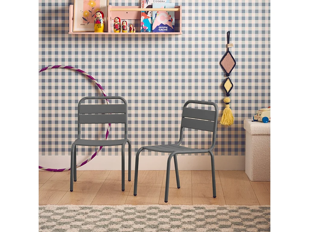 Salon de jardin enfant. lot de 2 chaises en métal anthracite pour enfant