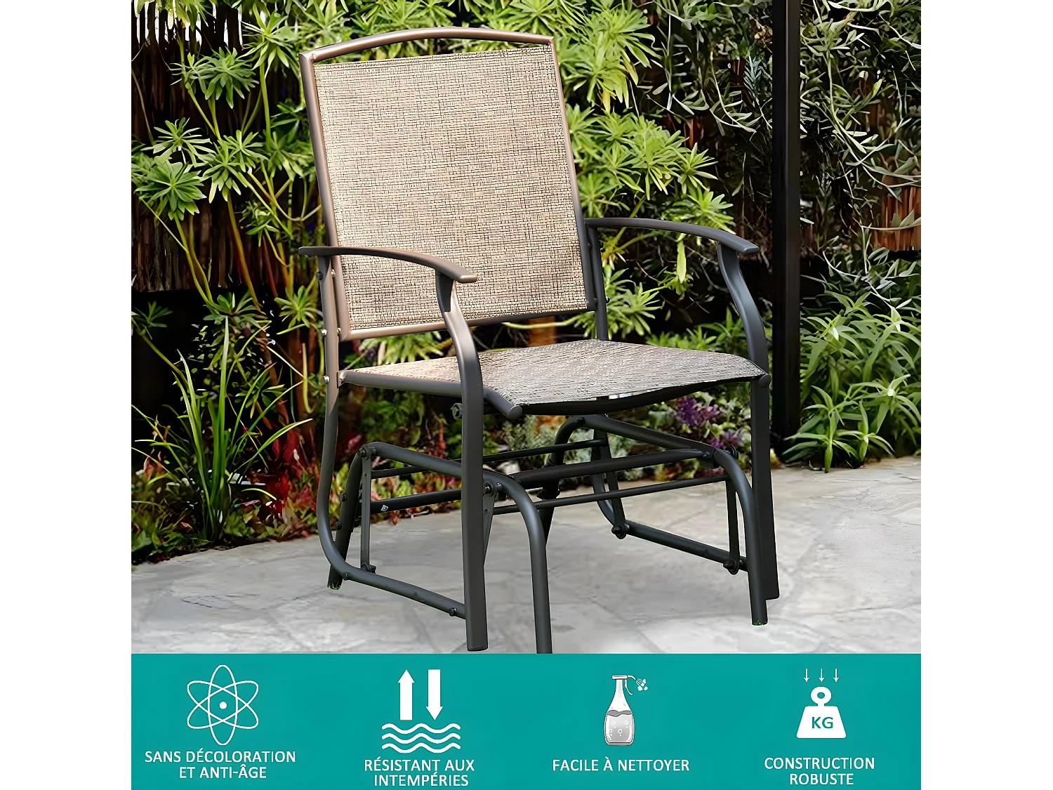 Fauteuil à Bascule Jardin avec Accoudoirs, 58 x 70 x 94 cm Charge Max.150KG