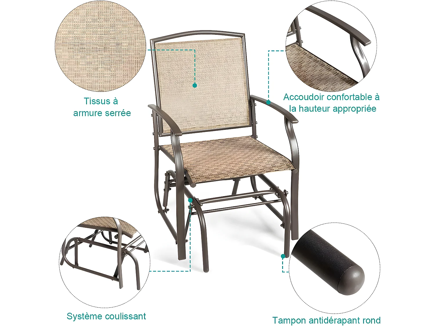 Fauteuil à Bascule Jardin avec Accoudoirs, 58 x 70 x 94 cm Charge Max.150KG