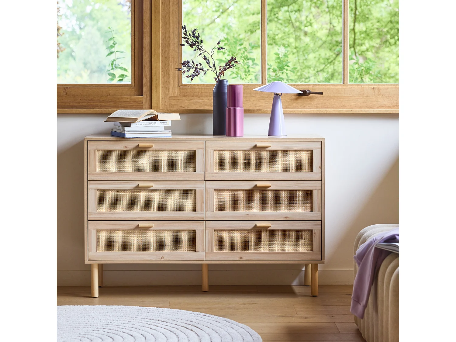 Commode 6 tiroirs cannage et décor bois CAMARGUE L 120 x P 40 x H 80cm