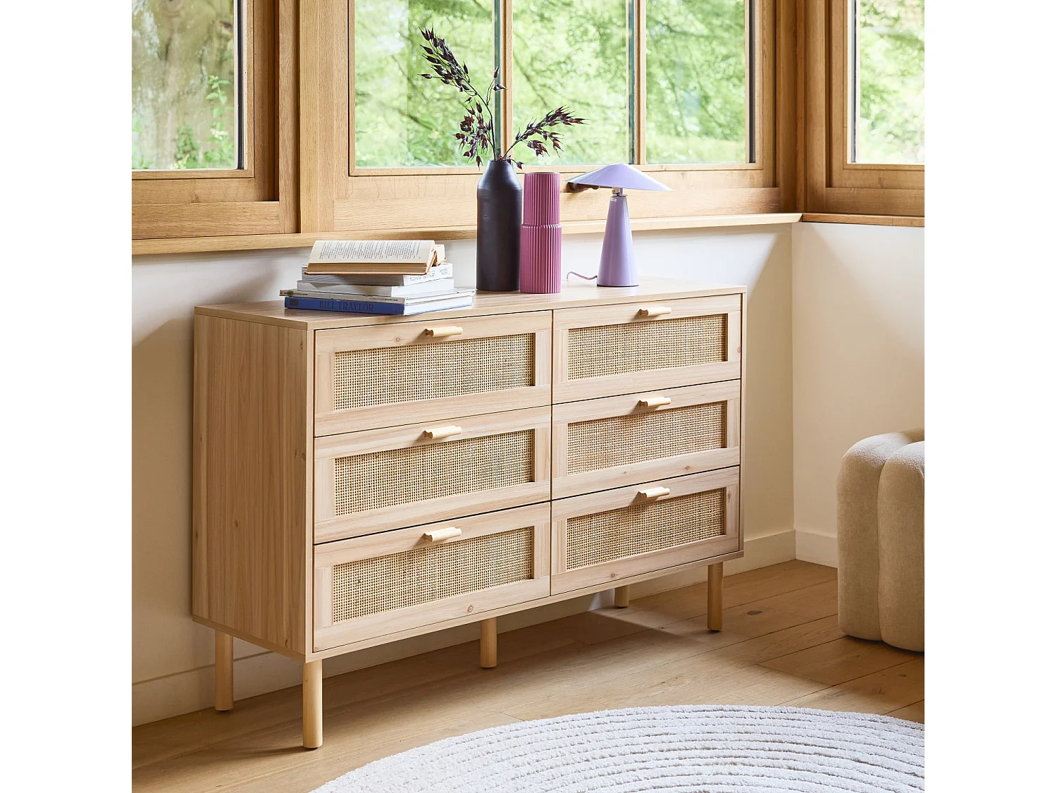 Commode 6 tiroirs cannage et décor bois CAMARGUE L 120 x P 40 x H 80cm