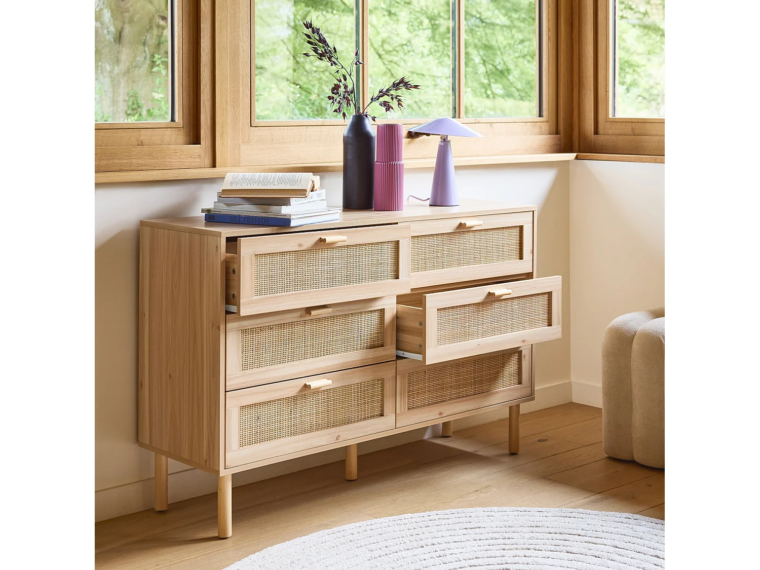 Cassettone con effetto canna e legno a 6 cassetti