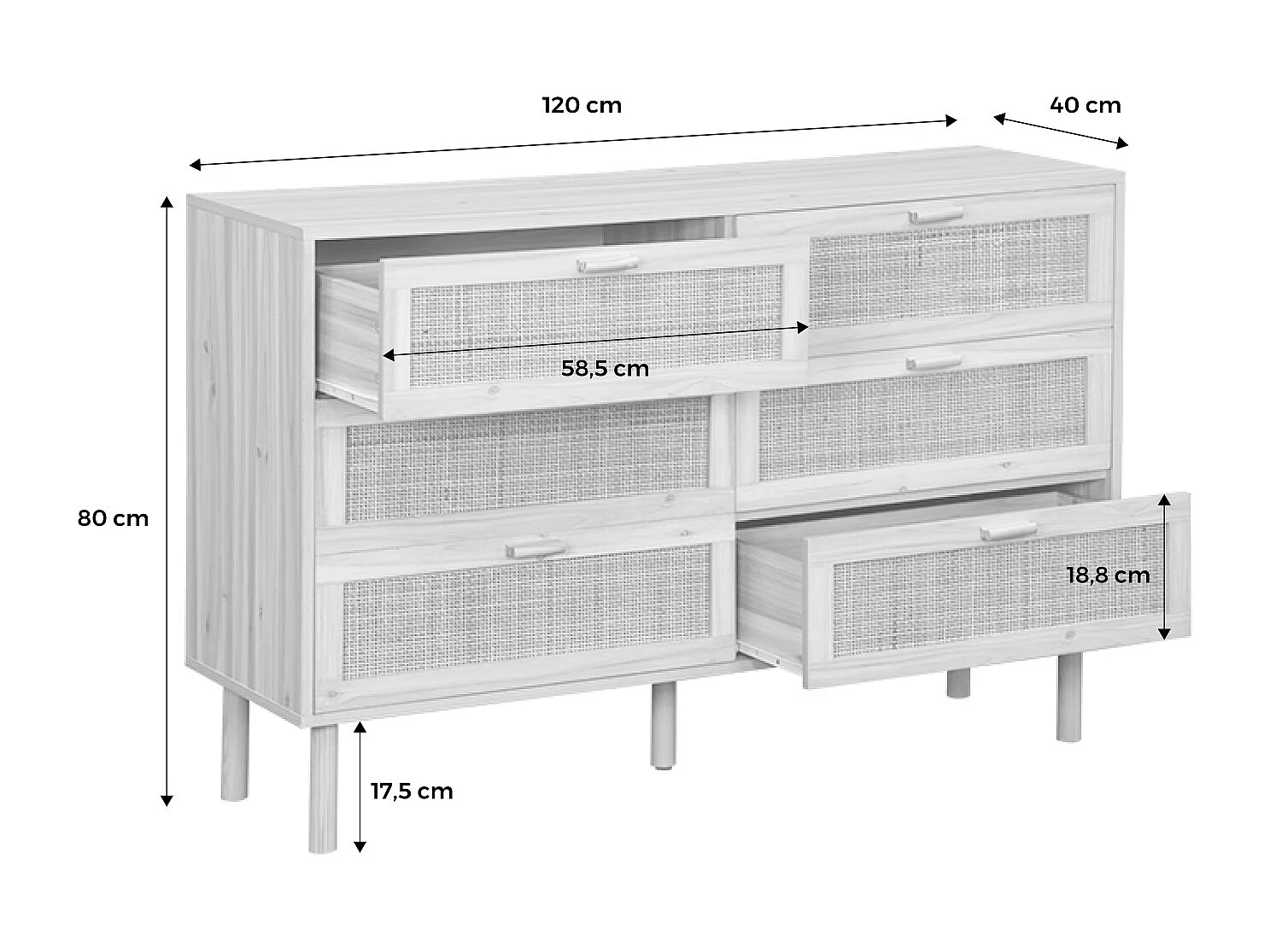 Cassettone con effetto canna e legno a 6 cassetti
