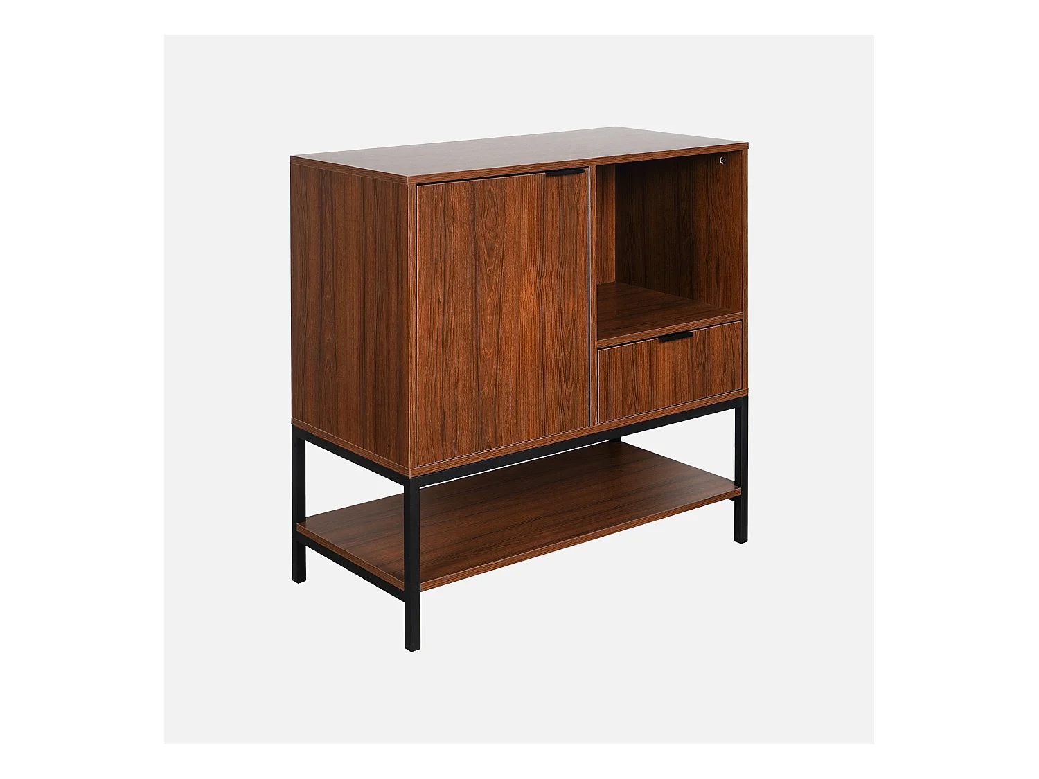 Buffet en décor noyer et pieds et poignées en métal noir L 80cm - 1 porte. 1 tiroir et 2 étagères. buffet haut. vaisselier