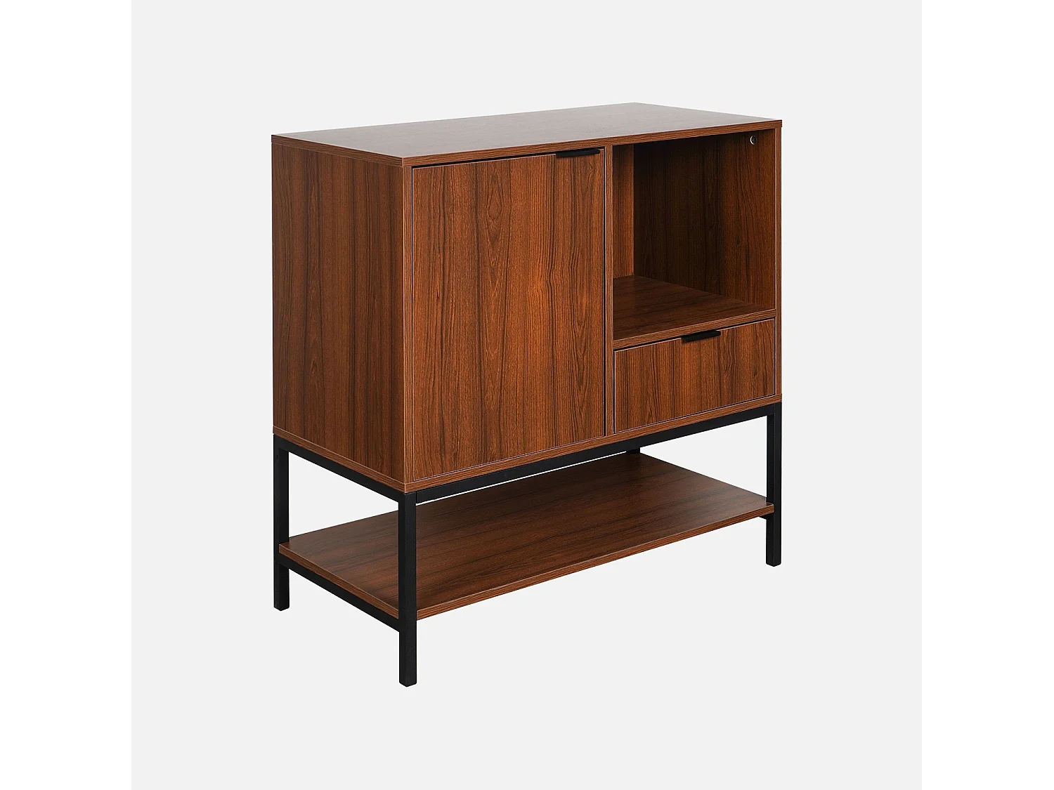 Buffet en décor noyer et pieds et poignées en métal noir L 80cm - 1 porte. 1 tiroir et 2 étagères. buffet haut. vaisselier