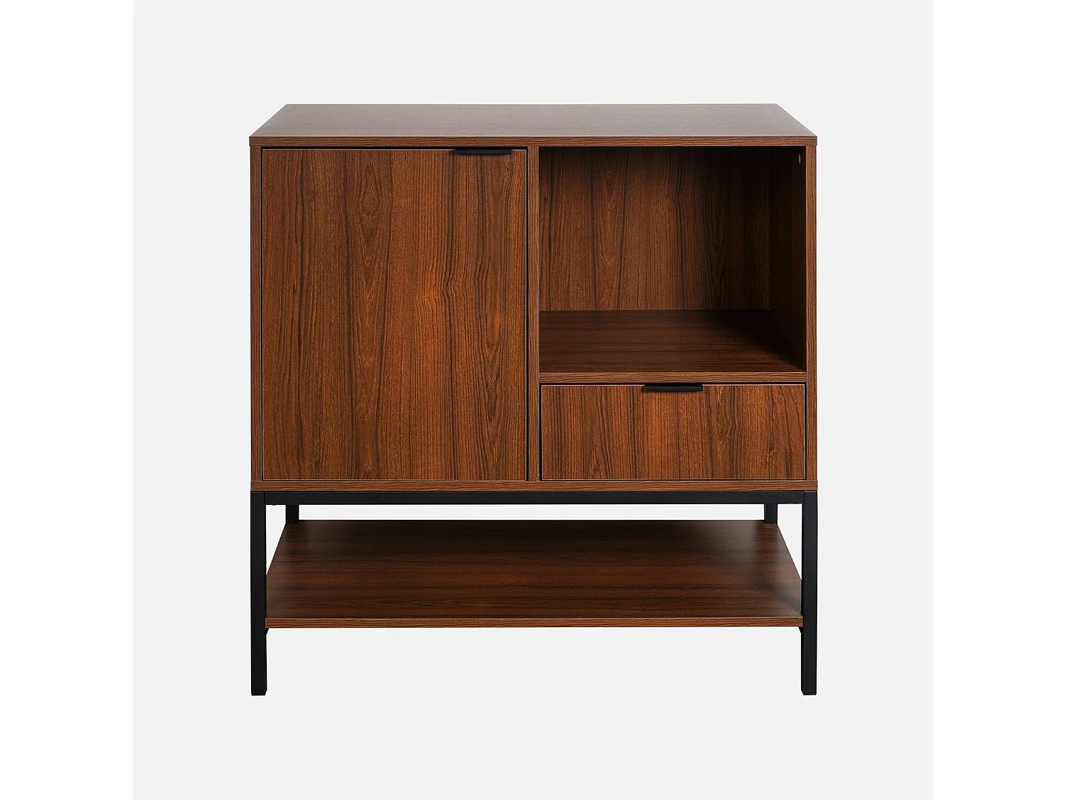 Buffet en décor noyer et pieds et poignées en métal noir L 80cm - 1 porte. 1 tiroir et 2 étagères. buffet haut. vaisselier